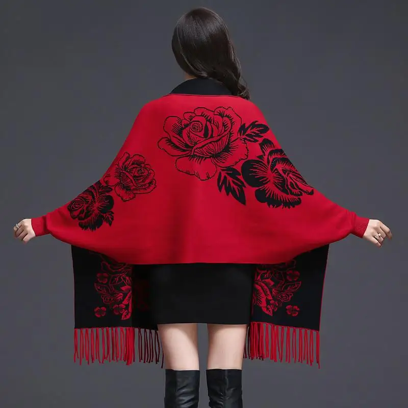 Женский двусторонний жаккардовый вязаный свитер накидка с бахромой свободная