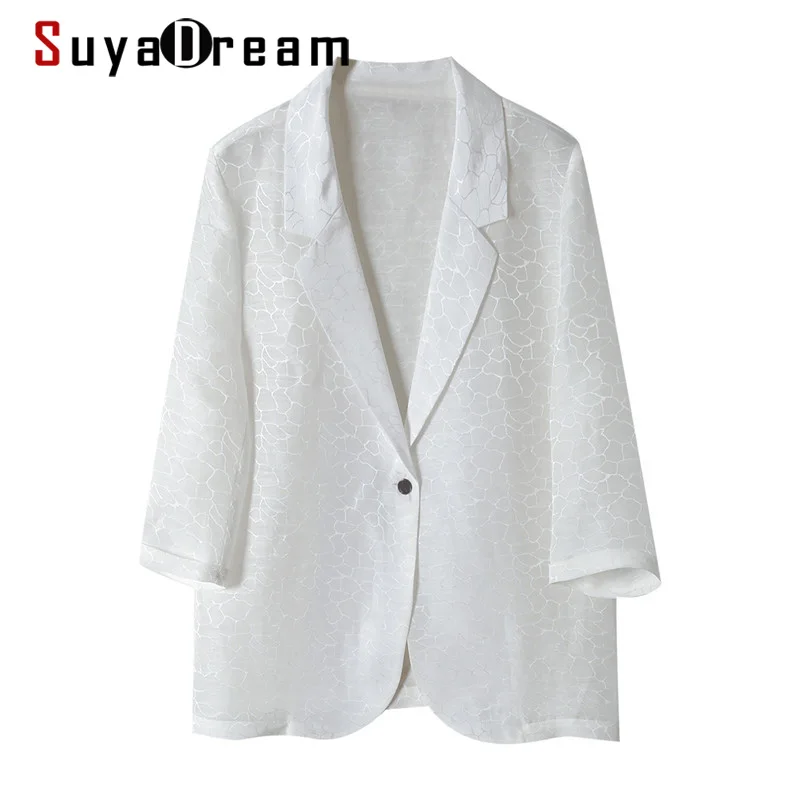 SuyaDream Women White Blazer 50%Silk 50%Linen 3/4 Sleeves Single Breasted Summer Blazers 2021 Spring Autumn Chic Jackets