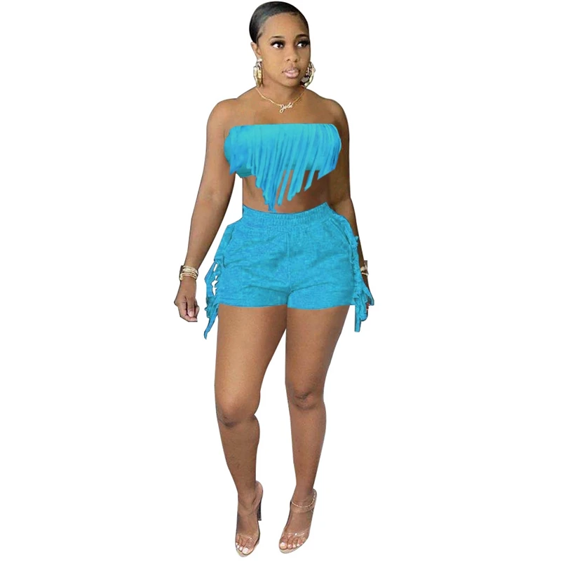 

Sexy Tassel Two Piece Workout Set Strapless Crop Top Fitness Shorts Womens Summer Clothing Club Outfits Matching Sets