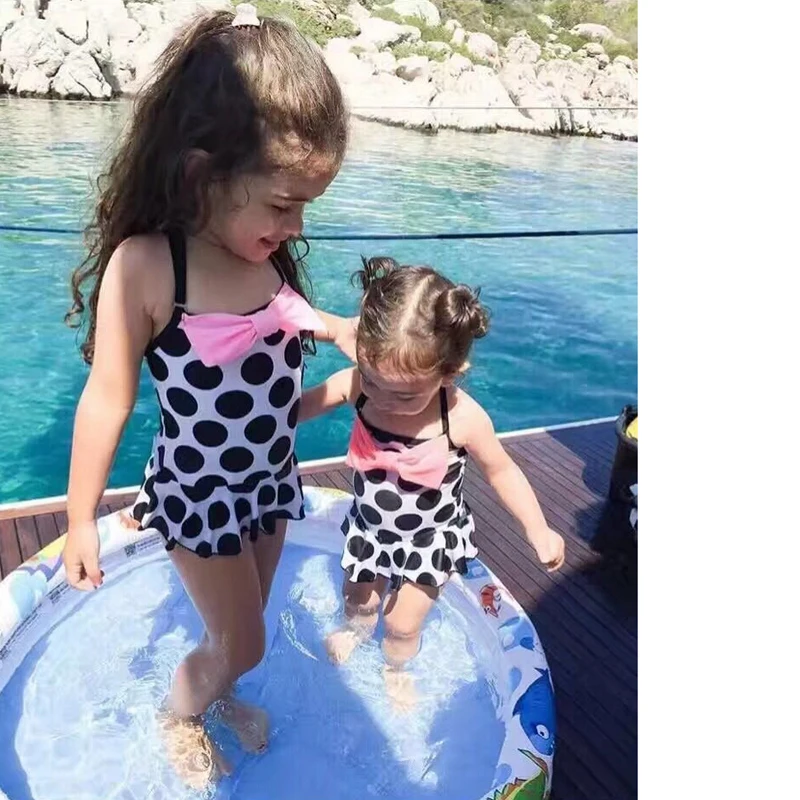 Детские купальники в горошек для девочек с бантом комбинезоны Цельный купальник