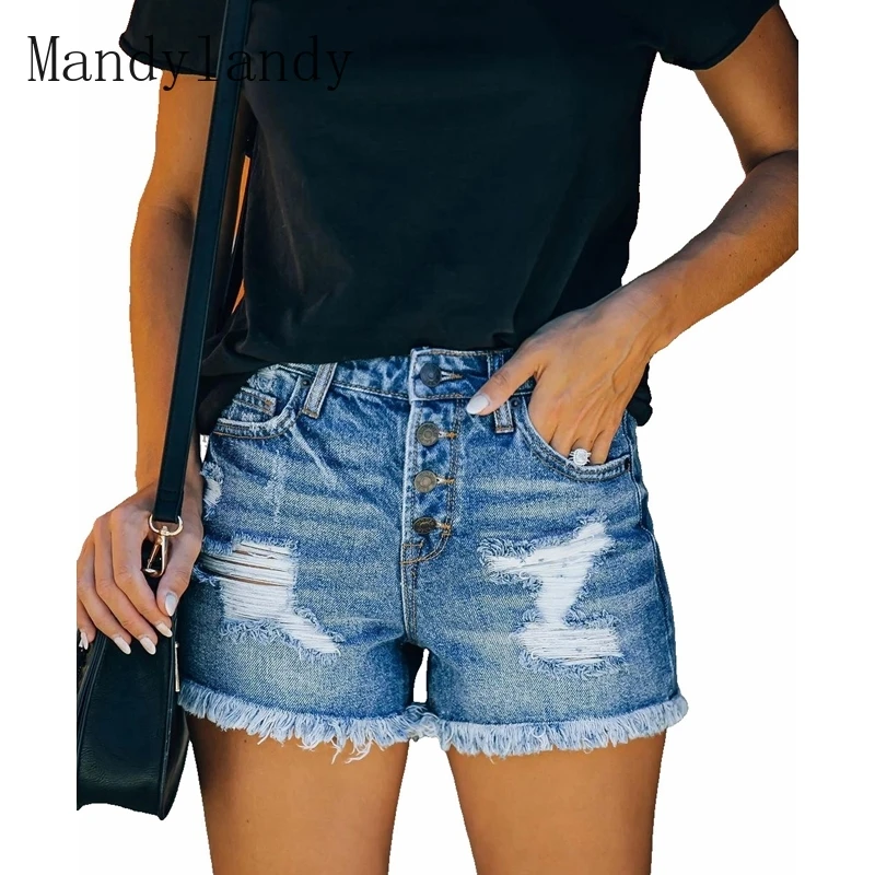

Mandylandy Denim Shorts Summer High Waist Button Pocket Short Jeans Women's Casual Solid Color Ripped Slim Fit Straight Shorts