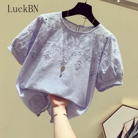 korean style crocheted hollow blouses top 2021 summer new slim shirts female large size loose shirt female o neck shirt