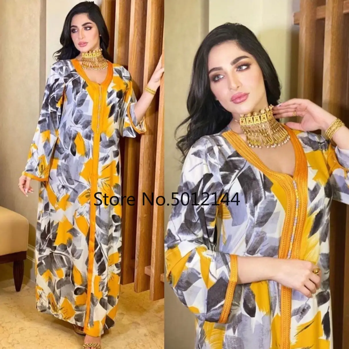 Dubai Fashion Printed Maxi Dress Abaya Muslim Women Loose Style Braid Trimmed Long Sleeve Morroco Kaftan Islam Clothes