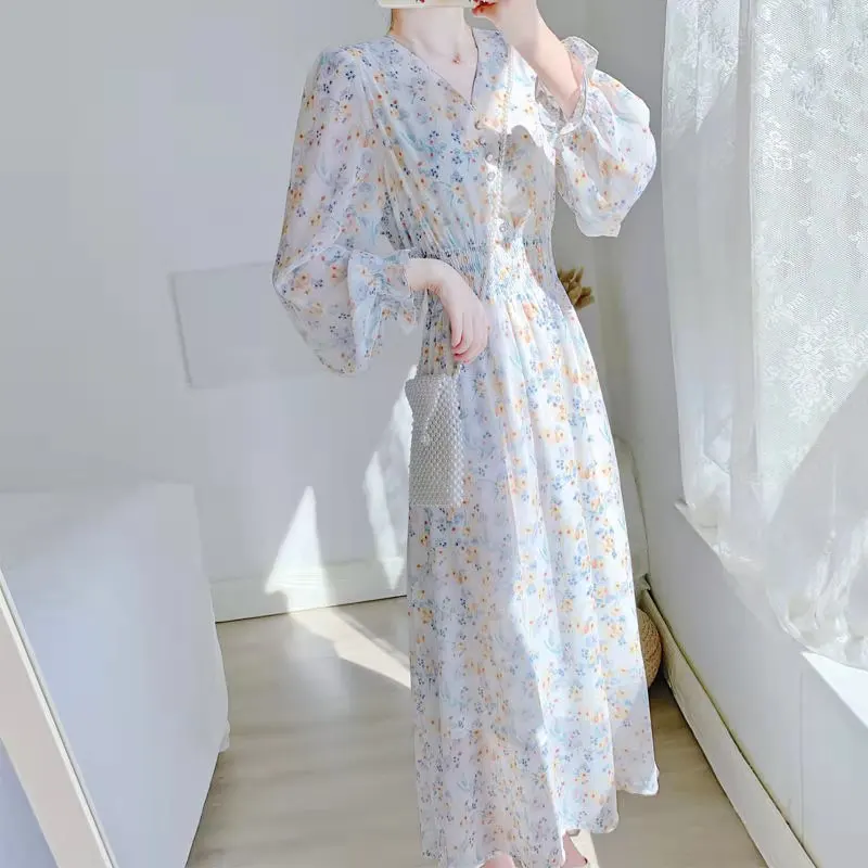 

Long Puff Sleeve Flower Printed women Dress With Belt Elegant High Waist Spring Vestidos 2021 Female Floral Maxi Dresses