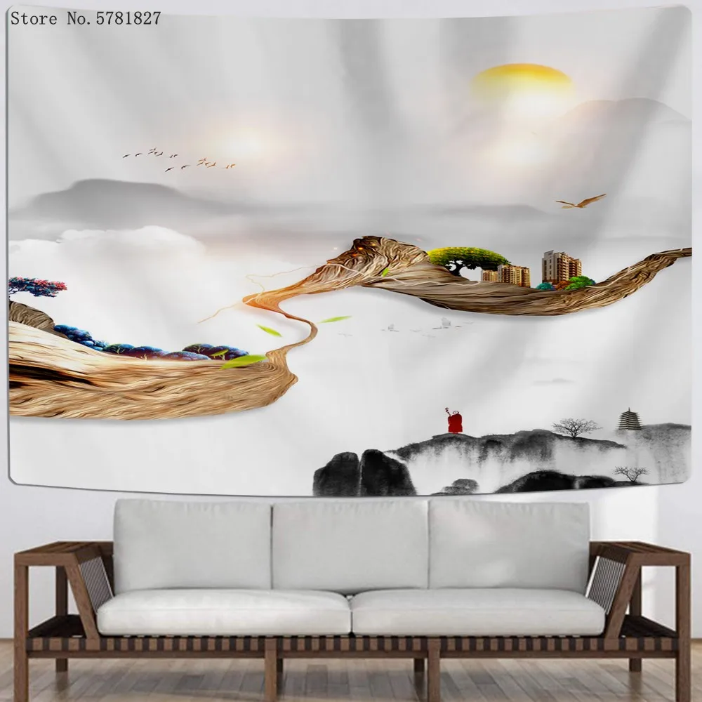 Настенный гобелен в китайском стиле с 3D рисунком настенный изображением гор воды