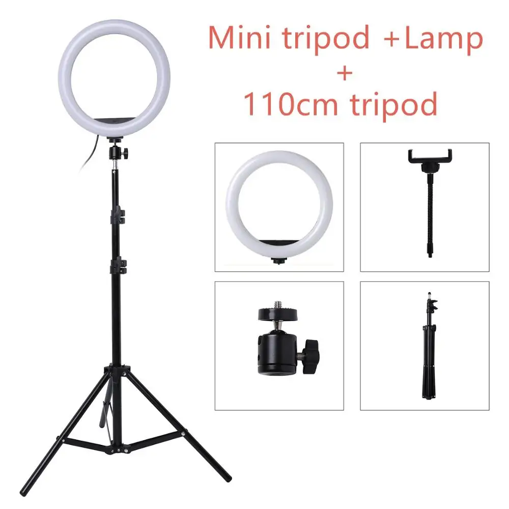 Include 110cm tripod Светодиодный кольцевой светильник-монопод для селфи с регулируемой яркостью 10 дюймов, кольцевой светильник для камеры телефона с подставкой и штативом для макияжа, видео в студии - Цвет: Include 110cm tripod