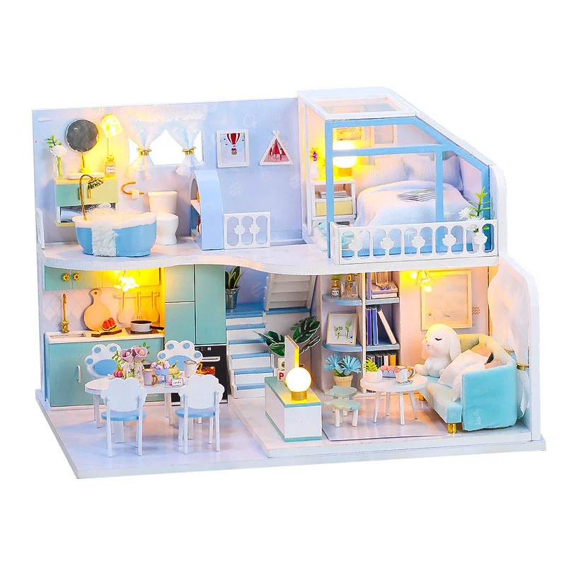 

DIY Wooden Miniature Dollhouse Sky Blue Casa Pink Princess Doll House With Furniture Doll House Toys For Children Birthday Gift