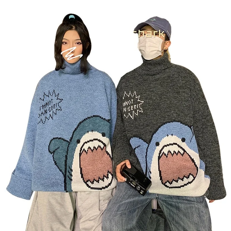 Men Turtlenecks Shark Sweater Men 2020 Winter Patchwor Harajuku Korean Style High Neck Oversized Grey Turtleneck for Men