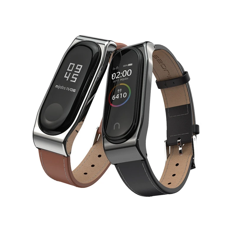 Кожаный с металлическим корпусом mi band 4 ремешок умные аксессуары + металлический