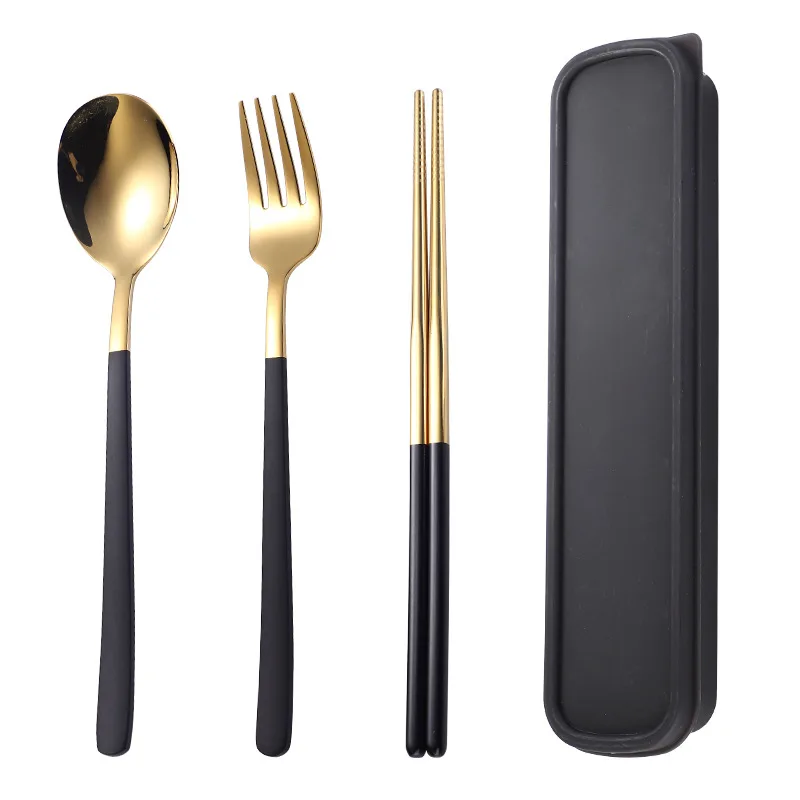 

304 Stainless Steel Spoon Chopsticks Fork Three-piece Kitchen Set Japanese Student Office Worker Portable Flatware Tableware Set