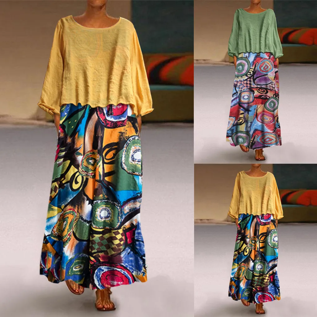 2019 Весна Лето Новое Женское винтажное платье из двух частей с этническим принтом