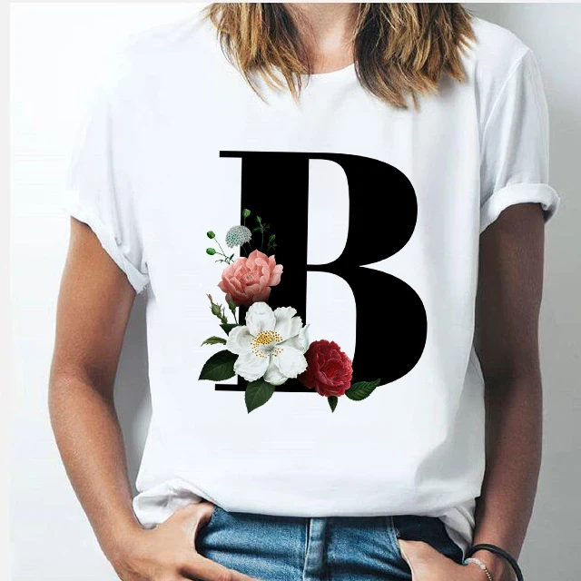 

Hot Sale 26 alphabet letter women T-shirt Girl A To Z Alphabet combination flowers Short Sleeve casual Korean Style Tops,Drop