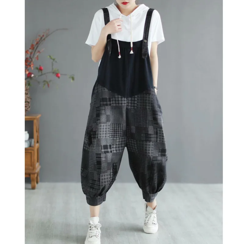 

IEQJ Loose Fit Women Wide Leg Jumpsuit New High Waist Pocket Stitch Vintage Panelled Print Plaid Pants Fashion Spring 2021 8P206
