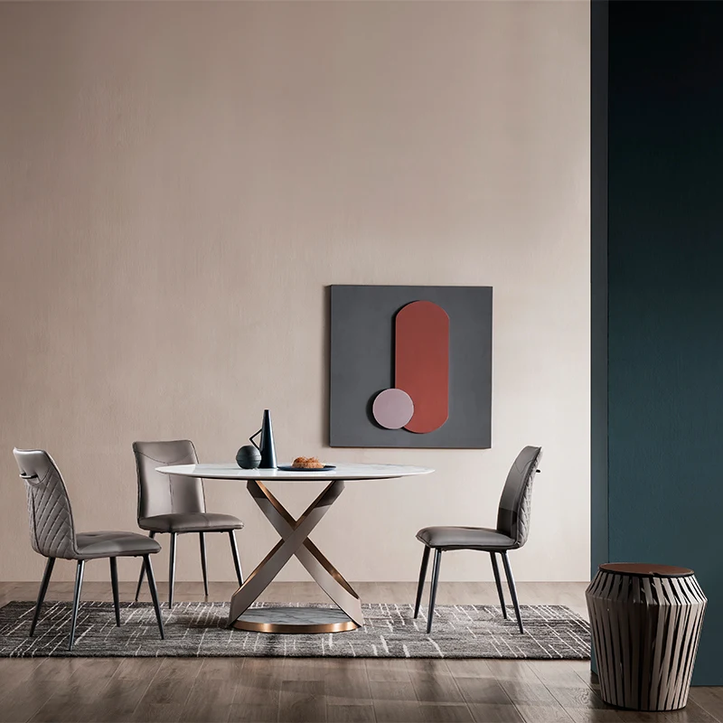 

European and American simple round designer creative marble board modern simple saddle leather dining table Metal Furniture