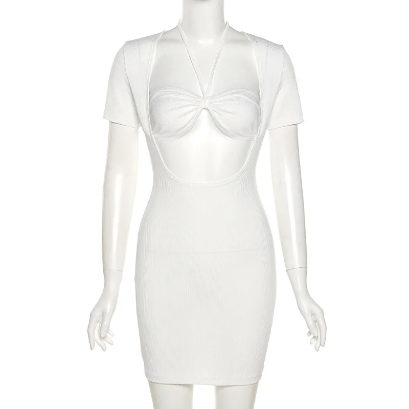 

Giyu Sexy Skinny Black Dress Women Hollow Out Short Sleeve Mini Party Club Vestidos Summer Camis Halter Dresses Fashion Basic