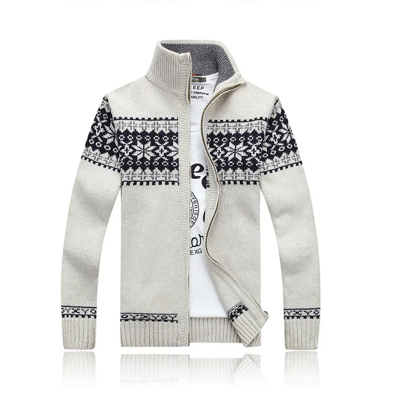 

Winter Thick Men's Knitted Sweater Coat Off White Long Sleeve Cardigan Fleece Full Zip Male Causal Plus Size Clothing for Autumn