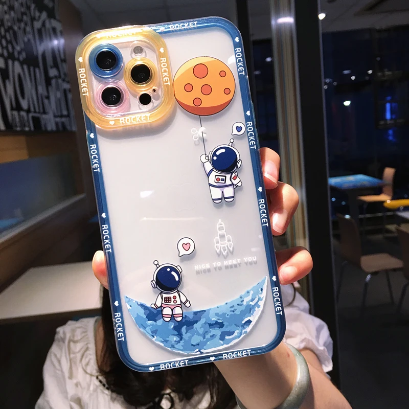 Cute Cartoon Astronaut Planet Phone Case For iPhone 14 Pro Max 13 12 11 X XS XR 7 8 Plus SE 3 Transparent Soft Shockproof Cover