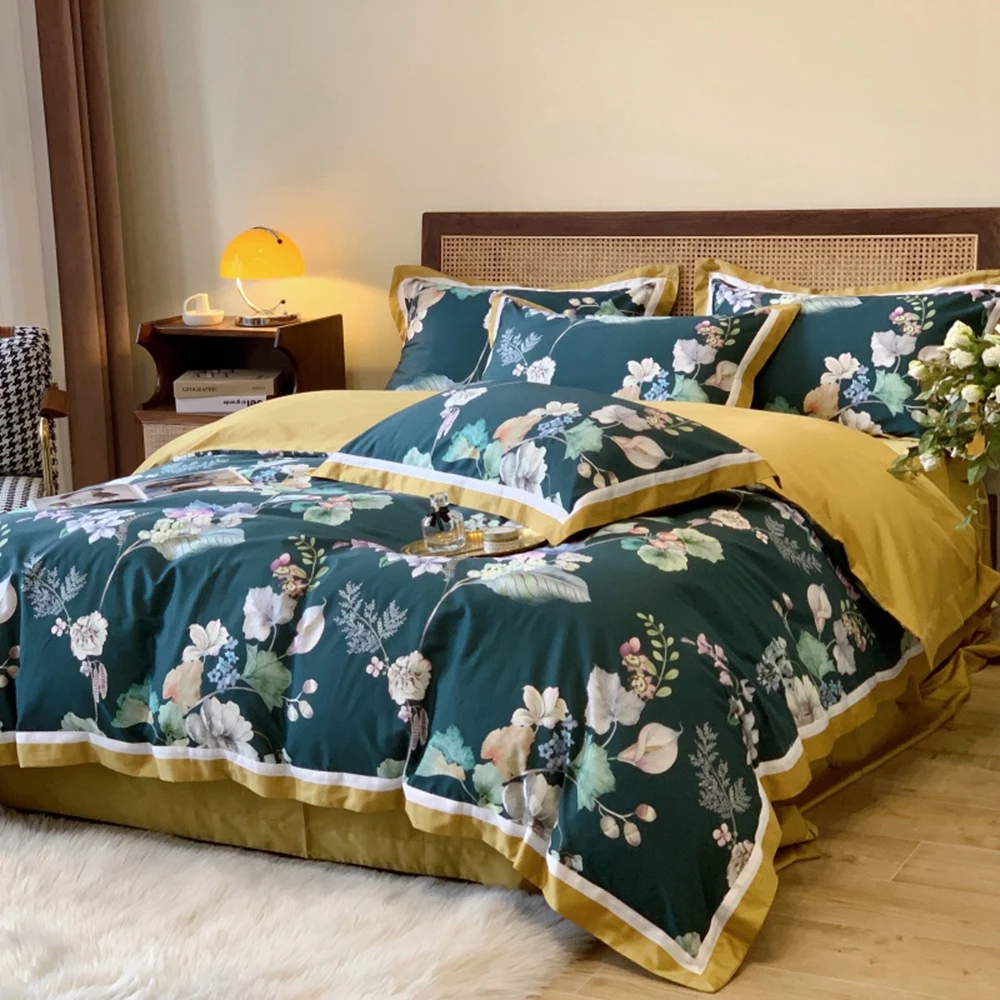 

Luxury Blue Floral bedding set Pastoral style Satin Egyptian cotton linen Grils soft duvet cover bedspread pillowcases