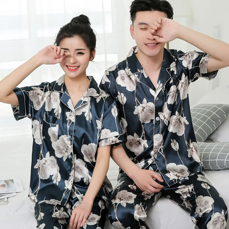 

Couple Silk Stain Pajamas Sets Men Women Flowers Nightwear men silk pajamas luxury men clothing sleep woman silk