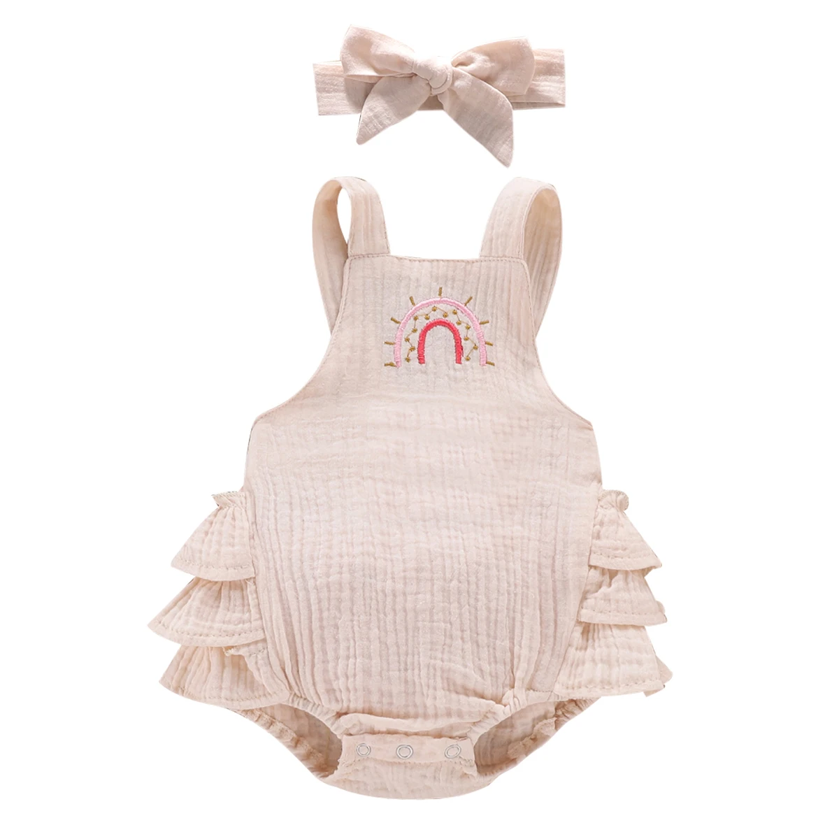 0-24M Newborn baby Girls Boys Rainbow Ruffles Romper Sleeveless Backless Bodysuit +Headband Clothing For Summer | Мать и ребенок