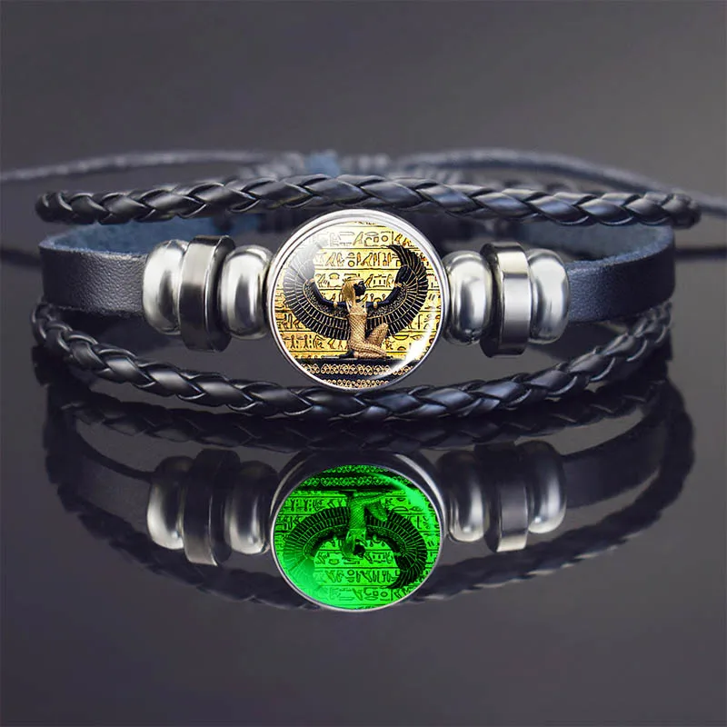 Египетская религиозная браслет ручной работы браслеты для женщин ювелирные изделия Светящийся стеклянный кабошон Черная кожаная пульсира Оптовая продажа