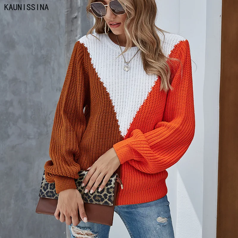 

New Autumn Winter Women Sweaters Pullovers Loose Contrast Color Long Sleeve Knitting Tops Female Casual Vintage Knitwear Outfits