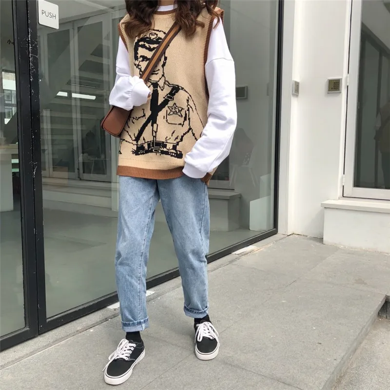 Vintage Cartoon Printed Knitted Sweater Vest Casual Sleeveless Loose Pullover Tank Tops Female Oversized Pullovers Femme