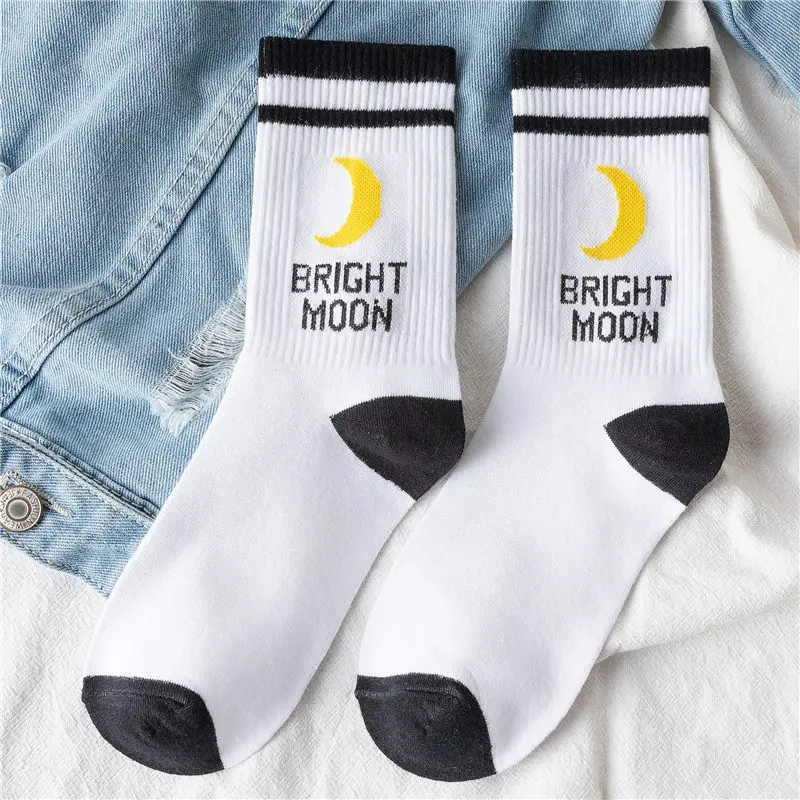 White Bright Moon INS/яркие носки с изображением Луны в Корейском стиле в стиле Харадзюку с забавными буквами; носки в стиле хип-хоп для скейтборда; спортивные носки; хипстерские летние носки - Цвет: White Bright Moon