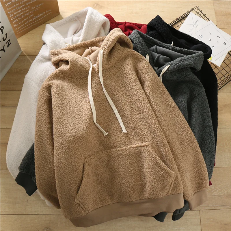 Пуловер с капюшоном из флиса женская зимняя теплая толстовка в Корейском стиле