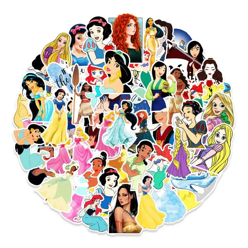 

50Pcs Disney Princess Cartoon Stickers Waterproof Laptop Sticker Notebook Water Cup Fridge Stationery Book Helmet Gift for Girls