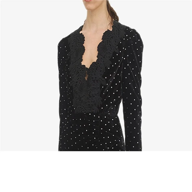 

Skinny French Polka Dot Stitching Women's Lace Sexy Mini Dress 2020New Summer V-Neck Long Sleeve Fashion Wild Women's Dress XL