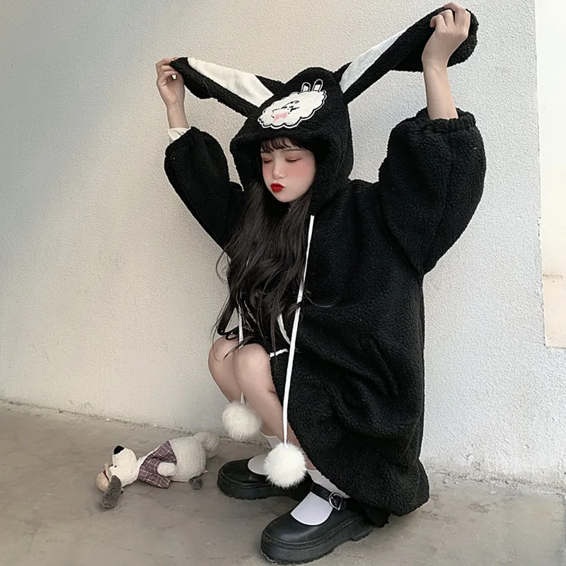 Japanese Soft Girl Cute Bunny Ears Hooded Thick Lambswool Midi Long Women Coat Zipper Kawaii Lolita Long Sleeve Winter Outerweat