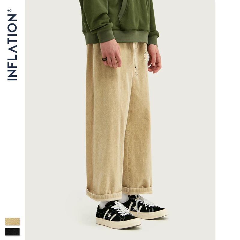 INFLATION 2020 Winter Men Casual Wide-legged Pants Corduroy Loose Fit Overalls Solid Color Pant 93330W | Мужская одежда