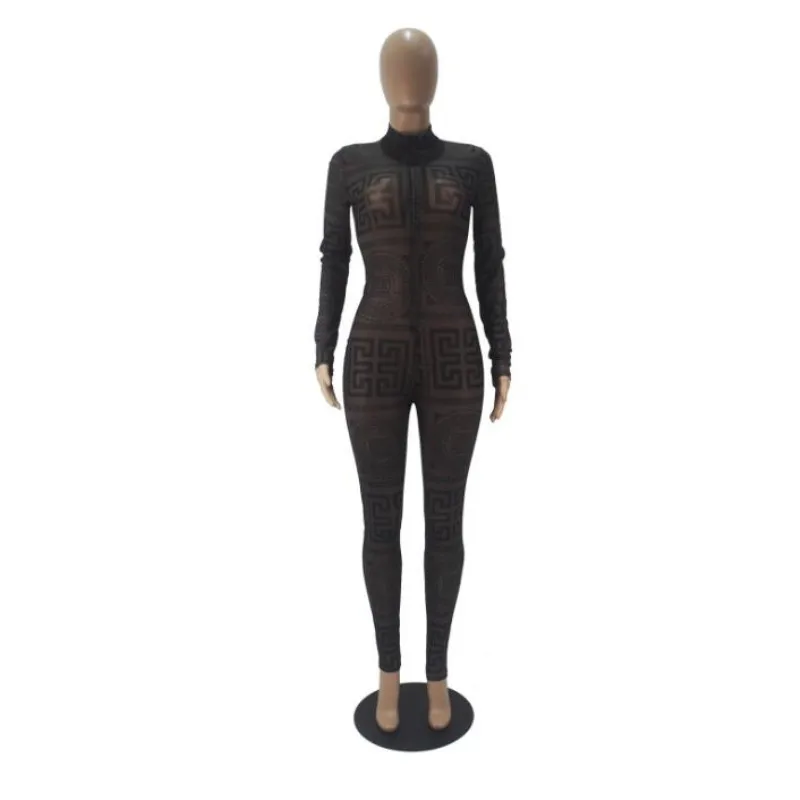 

2021 Long Sleeve Turtleneck Letter Print Bodycon Jumpsuit Autumn Winter Women Fashion Sexy Streetwear Tracksuit Romper