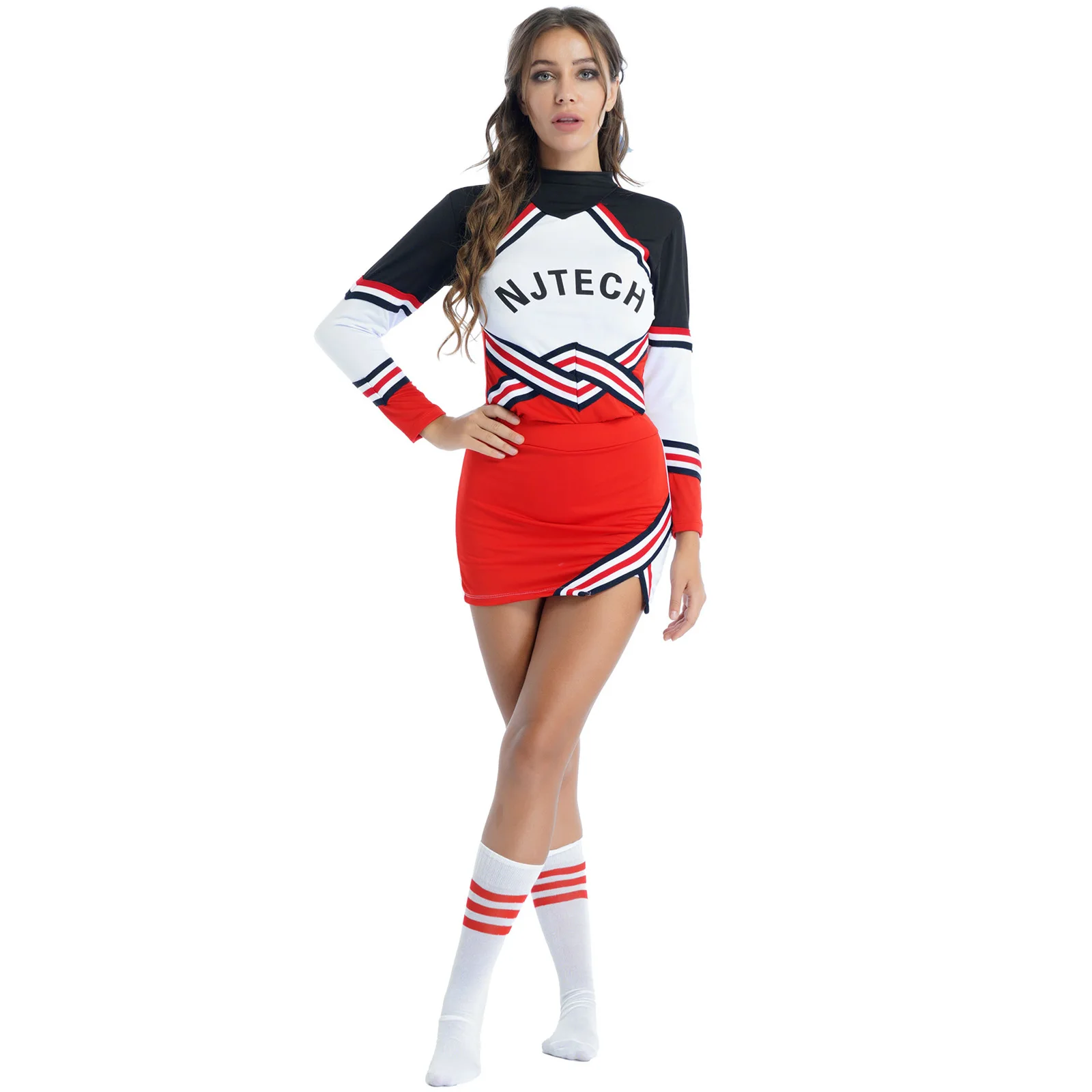 

Women Schoolgirl Cheerleader Role Play Costume Contrast Color Outfits Striped T-shirt with Mini Skirt Bowknot Headwear Stocking