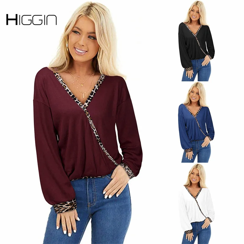 

New Autumn Women Clothes Slim Long Sleeve V-Neck T-Shirts Leopard Patchwork Ladies Casual Tee Tops Winter Street Female T-Shirt