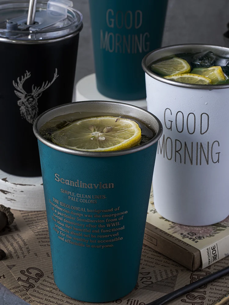 

Iron 304 stainless steel cup with lid design sense cup boys summer cold drink cup water cup straw cup