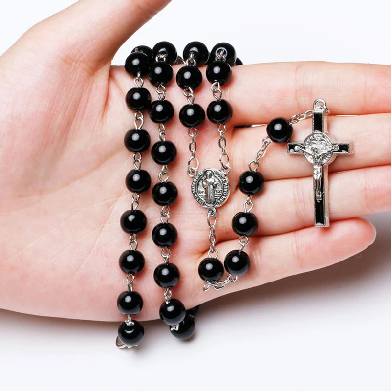 

Black Glass Pearl Catholic INRI Jesus Cross Rosary Necklace Christ Crucifix Brarelet Religious Prayer Church Souvenirs Gifts