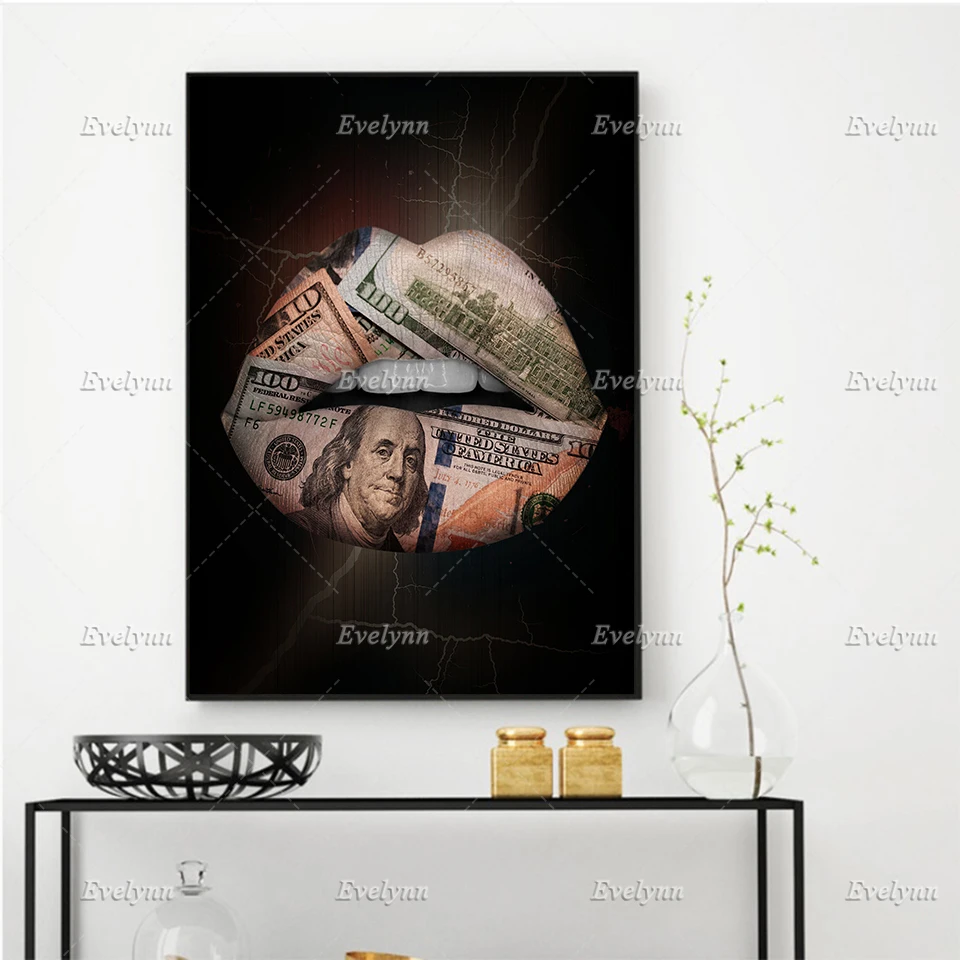 

Dollar Bill Lips - Put Your Money Where Your Mouth Painting Posters and Print on Canvas Wall Art Modular Pictures Floating Frame