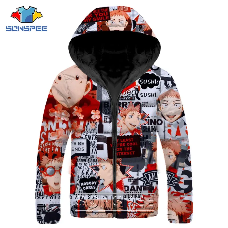 

Пуховая куртка SONSPEE с 3D-принтом для мужчин и женщин, уличная теплая парка в стиле джуютсу, кайсен, Джоджо, Сатору, хип-хоп, зимний