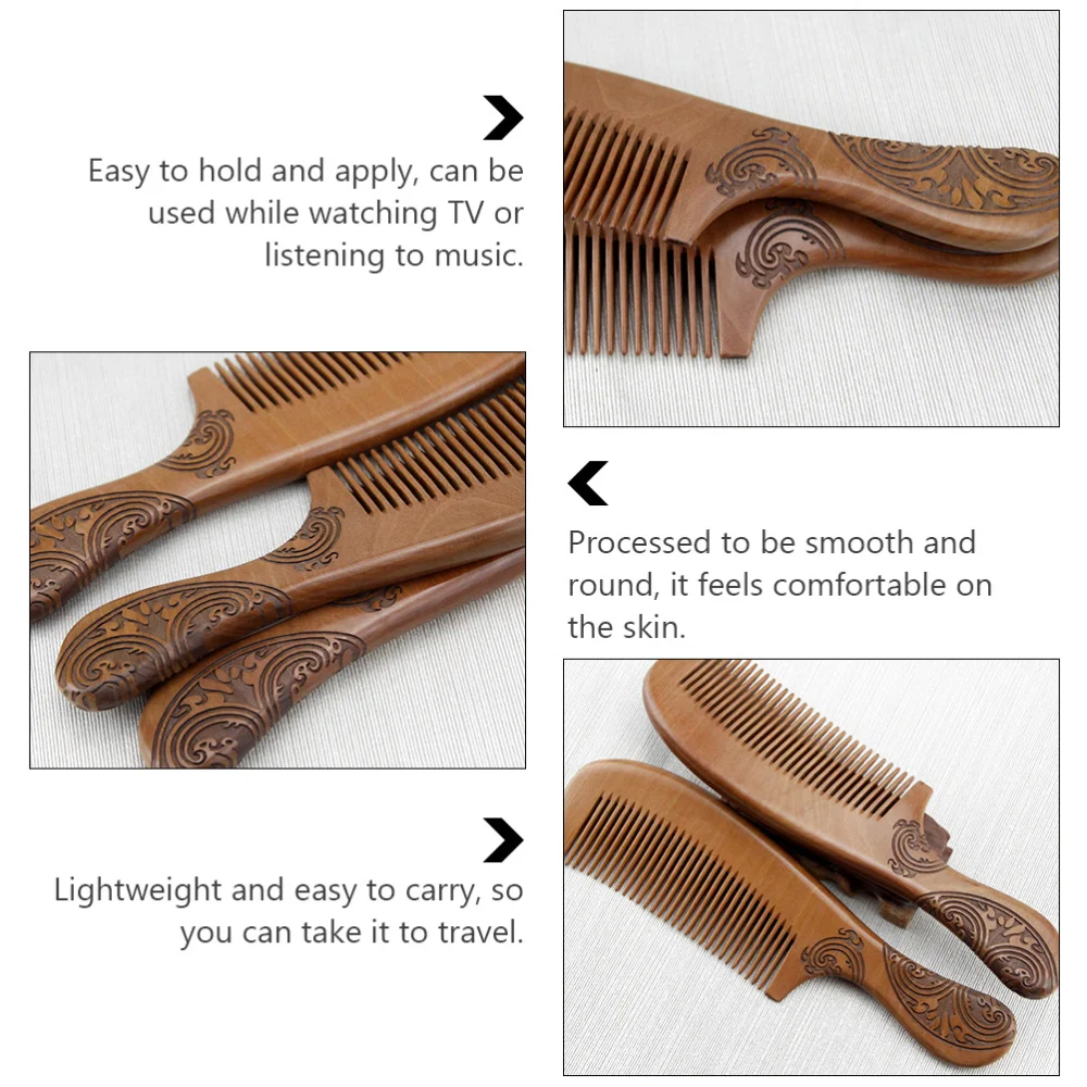 

1pc 21cm Handle Peach Wood Hair Comb Duble-sided Carving Hair Comb for