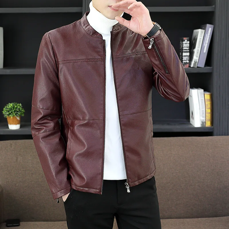 

2021 Men's Spring and Autumn New Fashion Slim Leather Jacket Youth Stitching PU Leather Jacket