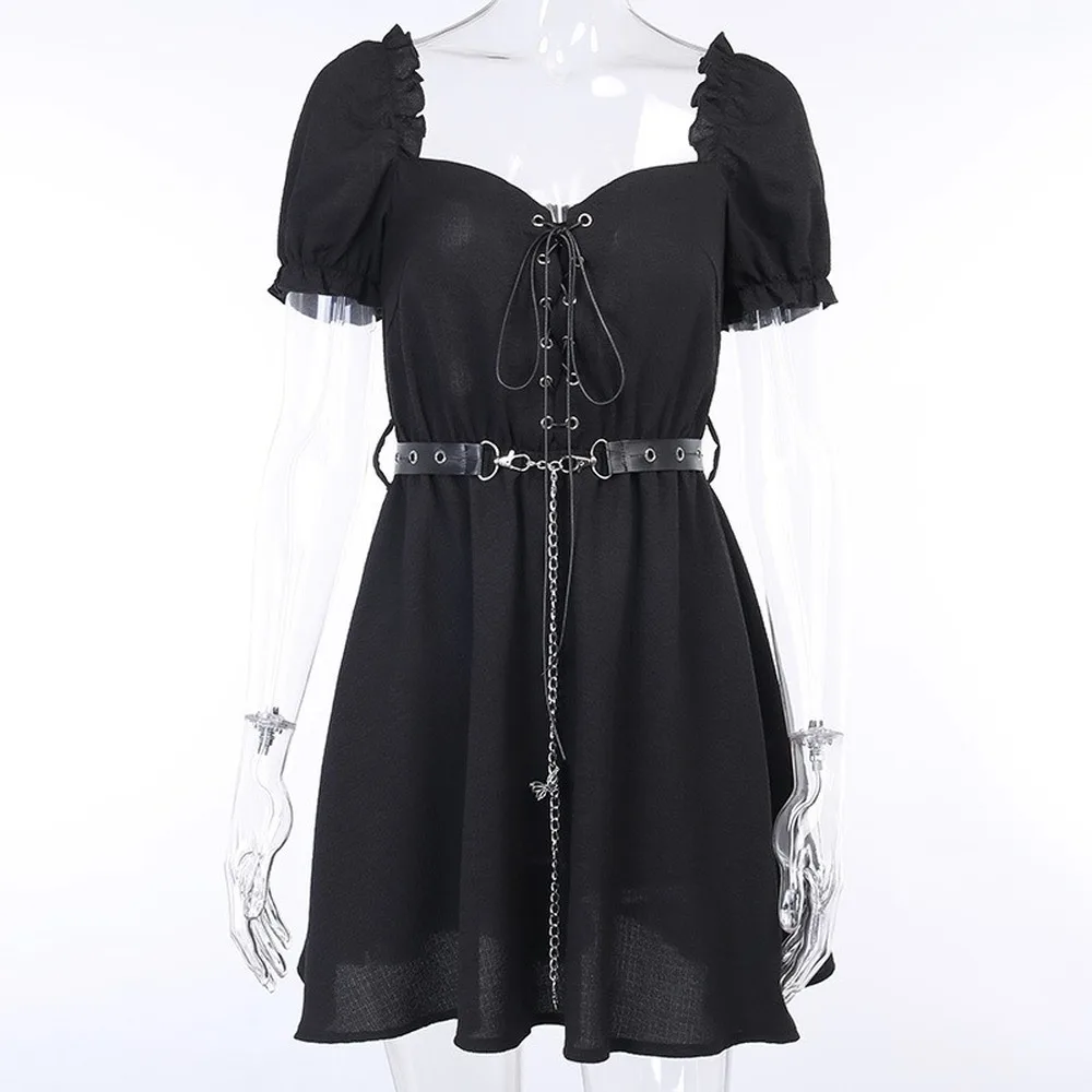 

2020 New Gothic Lolita Dress Women Lace Up Puff Sleeve High Waist Mini Dress Dark Streetwear Sexy Ins Style Night Club Dresses