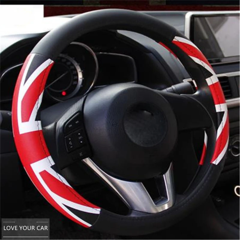 

Winter PU Leather Steering Wheel Cover Chinese British UK Flag Printed Auto Interior Accessories Car Steering Wheel Covers