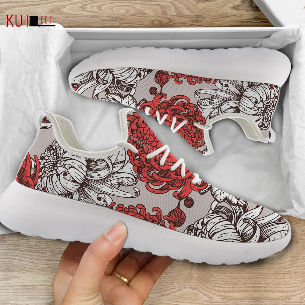 

KUILIU весенне-осенняя женская обувь, удобные сетчатые кроссовки на шнуровке, повседневная обувь для прогулок с цветочным принтом для девочек,...