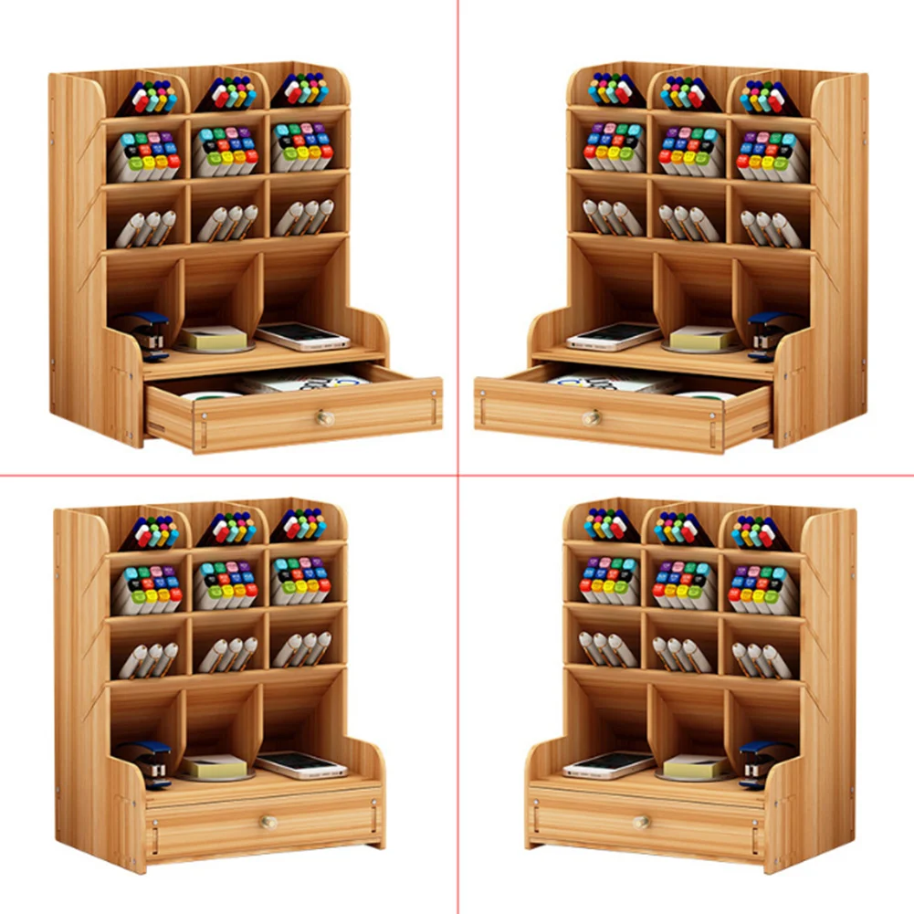 

Wooden Stationary Organizer Multi-functional Large Capacity Fashionable Multiple Compartments Desktop Storage Shelf Pen Holder