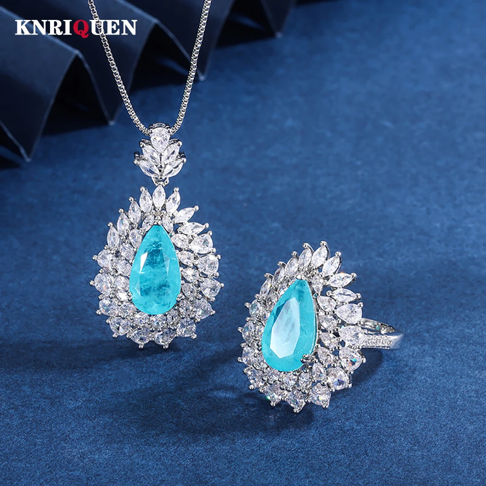 

Vintage 8*14MM Paraiba Tourmaline Women's Rings Pendant Necklace Wedding Party Jewelry Sets for Girlfriend Statement Wholesale