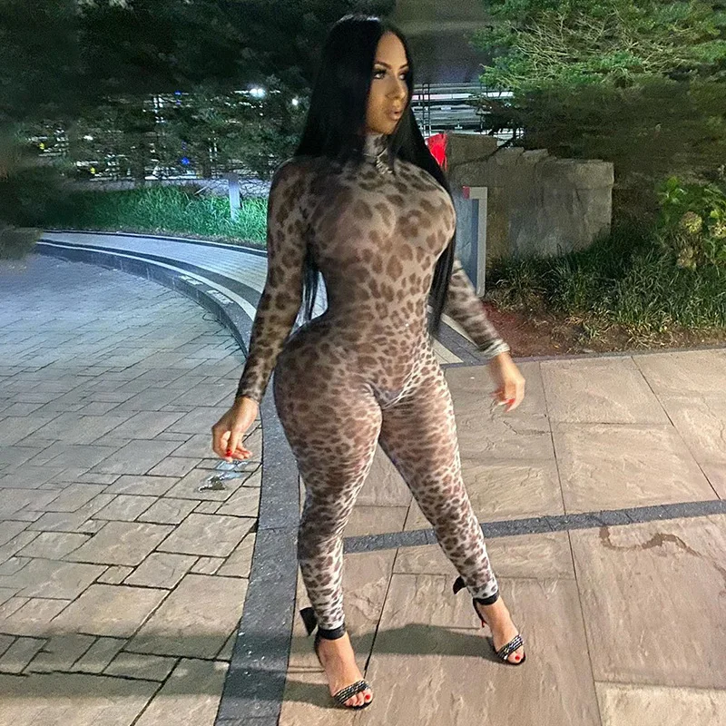 

Women Rompers Backless Bodycon Jumpsuit Leopard Print Pants Spring Turtleneck Long Sleeve Sexy Mesh Transparent Streetwear