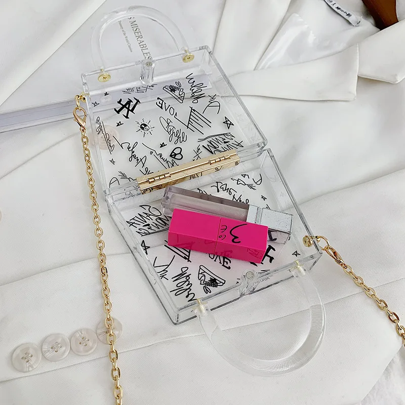 

FIRMRANCH Women's 2021 Summer Personality Graffiti Short Handle Handbag Transparent Designer Chain Shoulder Crossbody Beach Bag