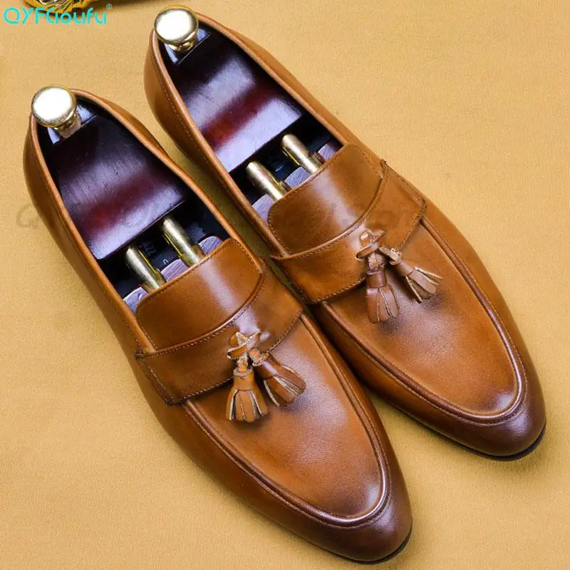 

QYFCIOUFU 2019 Handmade Italy Designer Vintage Men's Oxford Shoes Genuine Leather Wedding Party Formal tassel Male Dress Shoes